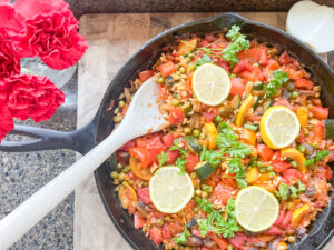 Vegetarian Paella Recipe, vegan paella in a large skillet