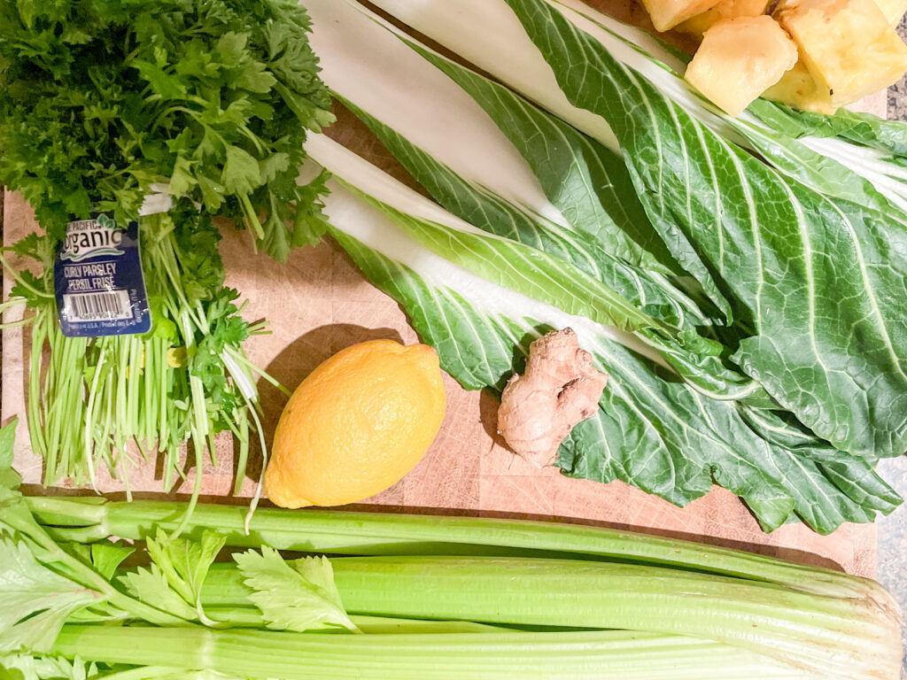 Bok Choy juice, bok choy green juice ingredients, celery, lemon, ginger, parsley, pineapple, bok choy