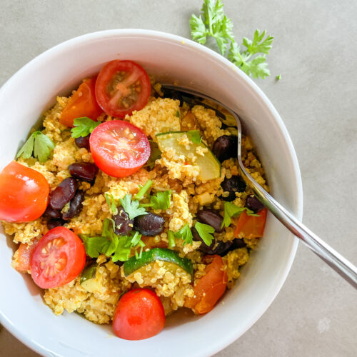 10-Minute Quinoa Tofu Veggie Scramble (Extra Protein)