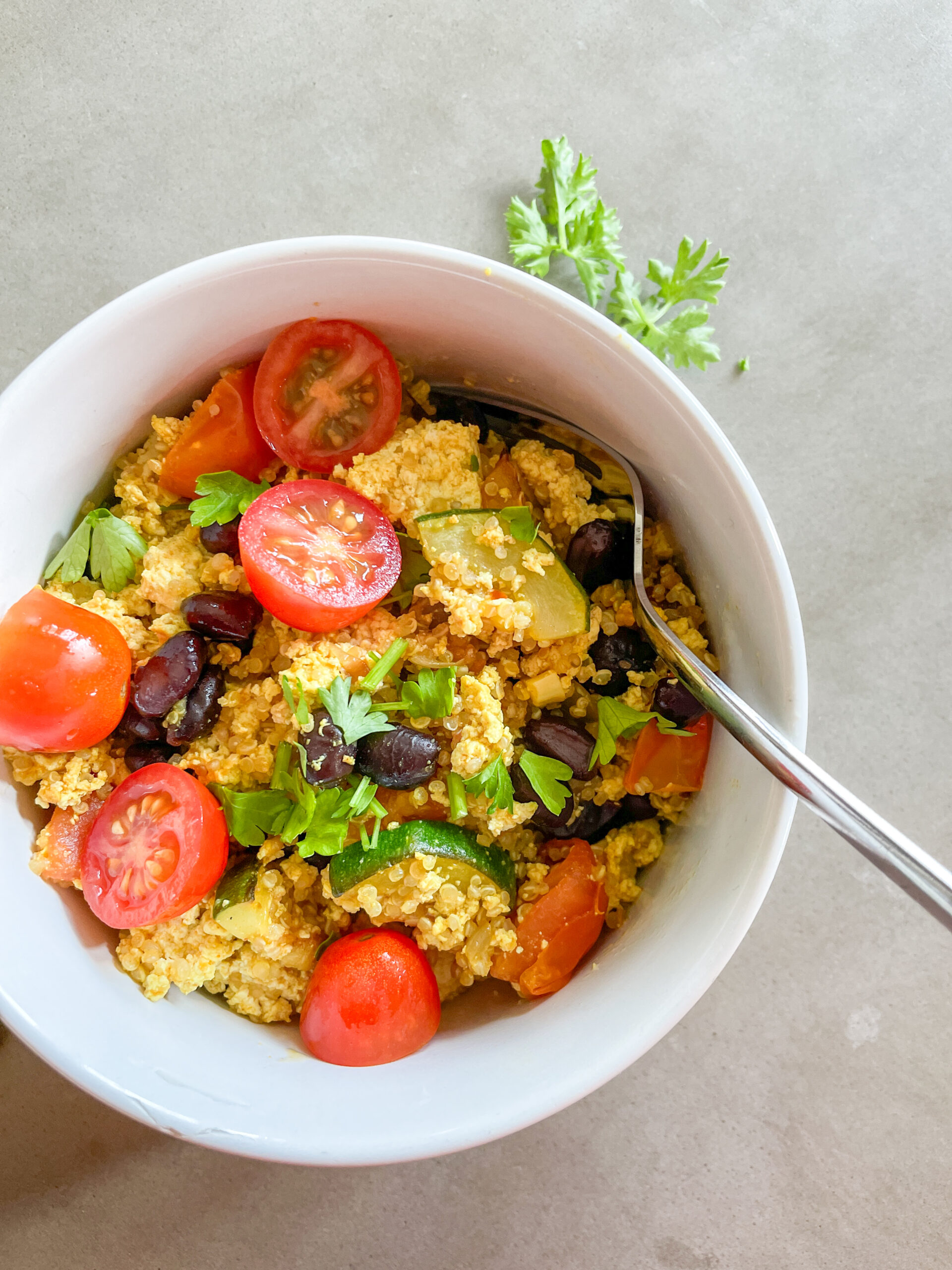 10-Minute Veggie Quinoa Tofu Scramble (Extra Protein)