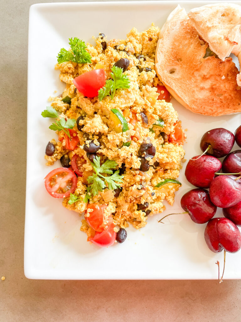 10-Minute Quinoa Tofu Veggie Scramble (Extra Protein)