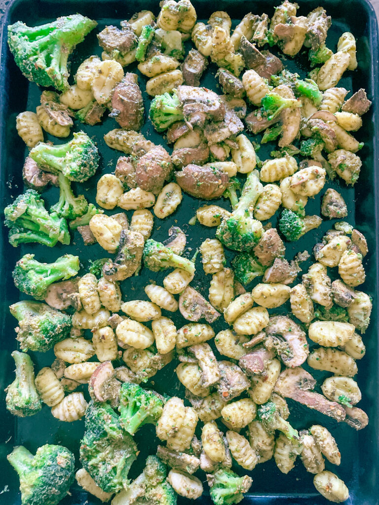 baked gnocchi with broccoli, sheet pan with gnocchi, broccoli and mushrooms