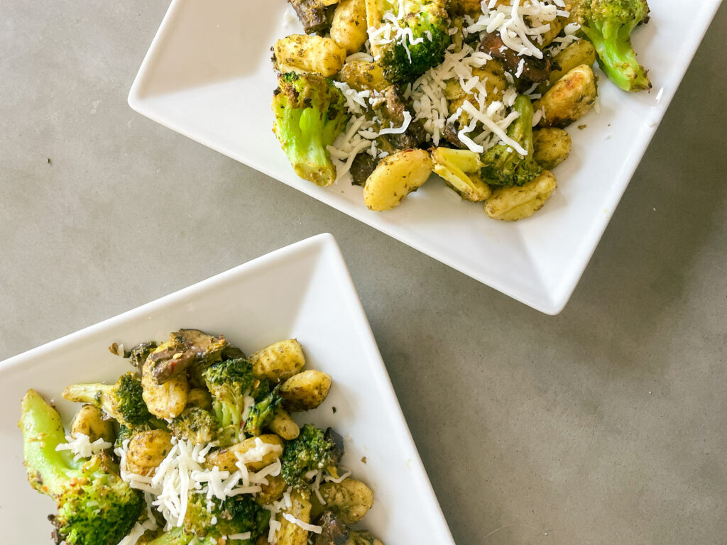 baked gnocchi with broccoli, two bowls of gnocchi with mushrooms and broccoli