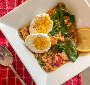 Panera lentil quinoa bowl recipe with boiled eggs and lemon wedge