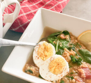 panera lentil quinoa bowl recipe with a cup of tea and red napkin